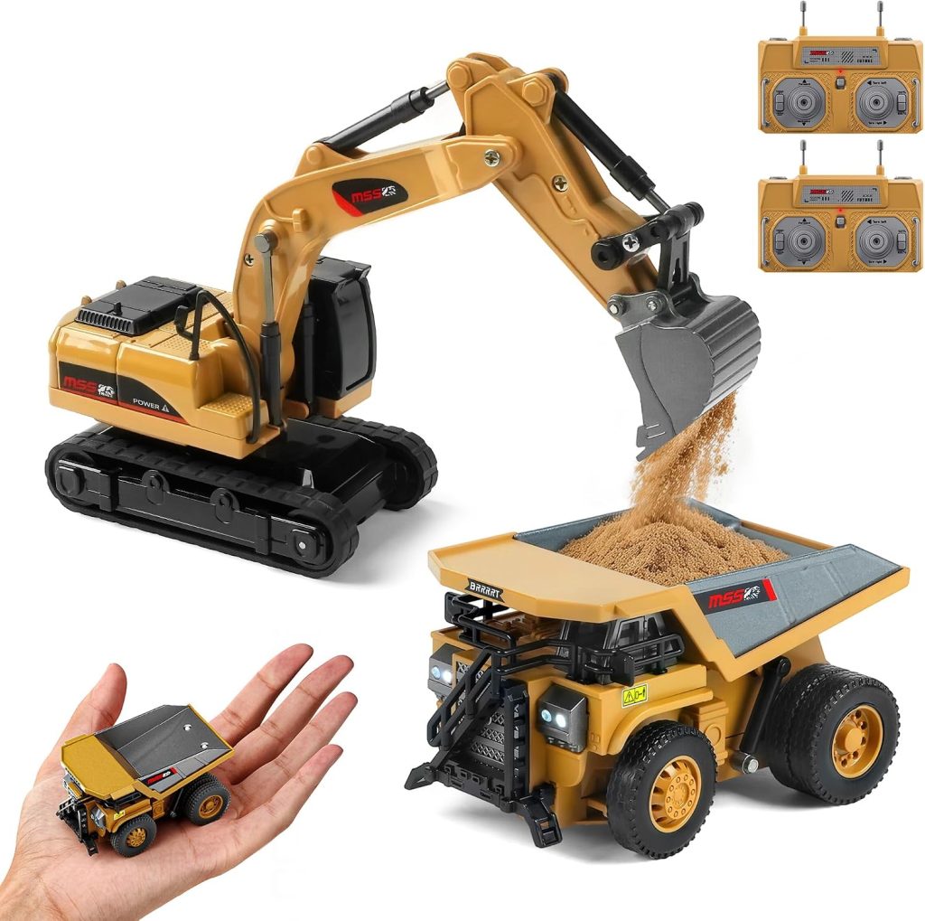 1/64 Mini Remote Control Excavator and Dump Truck Toy Set for Kids Full Proportion RC Construction Vehicles with Light,Type-C Direct Charging,Birthday Gifts for Boys and Girls Age 3+