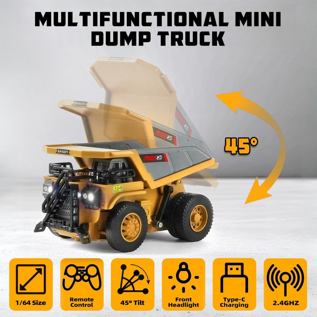 1/64 Mini Remote Control Excavator and Dump Truck Toy Set for Kids Full Proportion RC Construction Vehicles with Light,Type-C Direct Charging,Birthday Gifts for Boys and Girls Age 3+