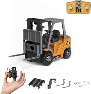 1/64 RC Forklift Toy 7 Channel 2 Mode Mini Remote Control Forklift Truck with Rechargeable Battery, 2 in 1 Transformable Lift Fork & Hook with Lights & Sounds for Adults Kids Boys and Girls
