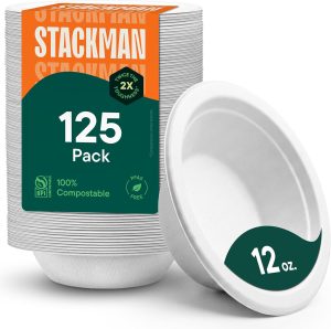 100% Compostable Paper Bowls – 12 oz (125-Pack) Heavy Duty Soup Bowls
