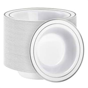 100 Pack Plastic Bowls with Silver Rim