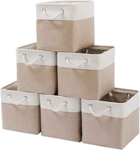 11 x 11 Inch Cube Storage Bins, 6 Pack Large Collapsible Fabric Storage Bin with Ropes, Foldable Storage Cubes for Home, Office,Closet, Clothes, Toys Organizer (White & Beige-11″x11″x11″)