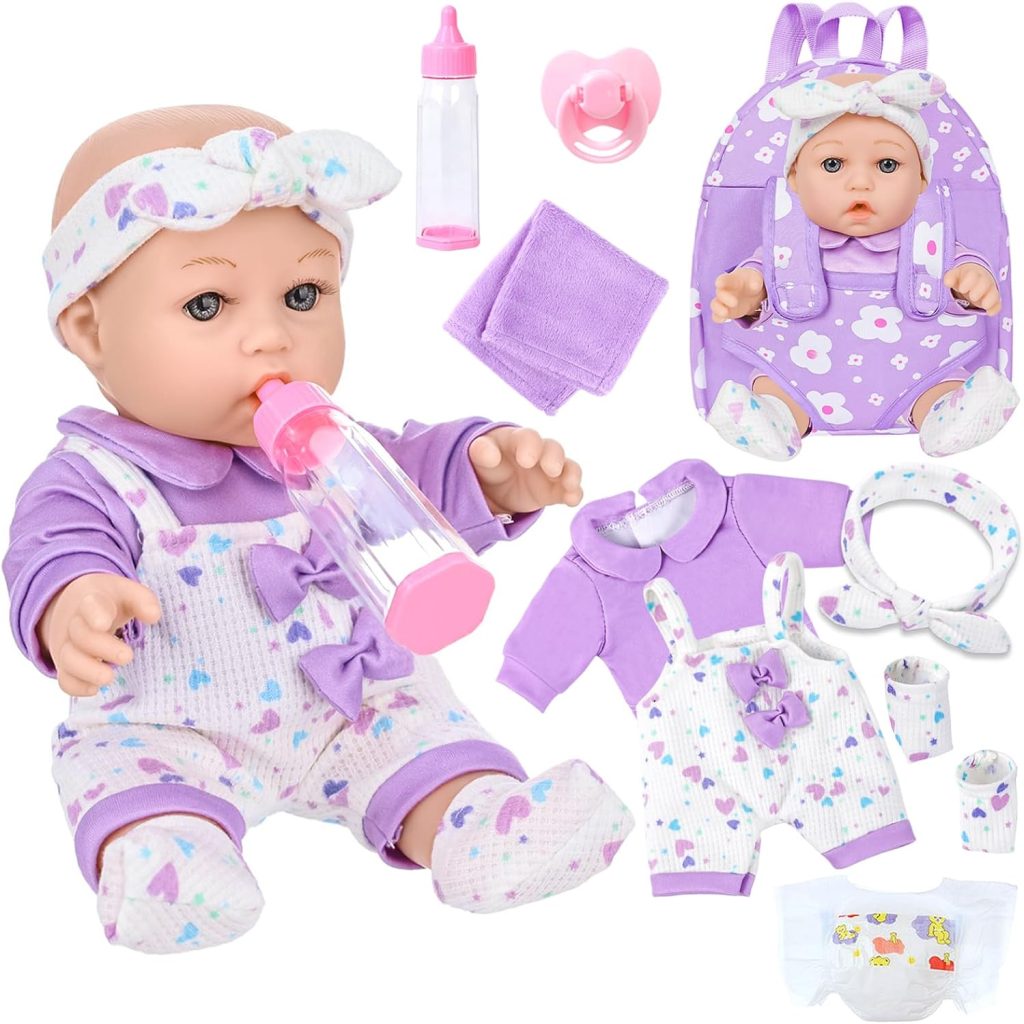 12″ Baby Doll with Flower Pattern Backpack Carrier and Accessories Toys