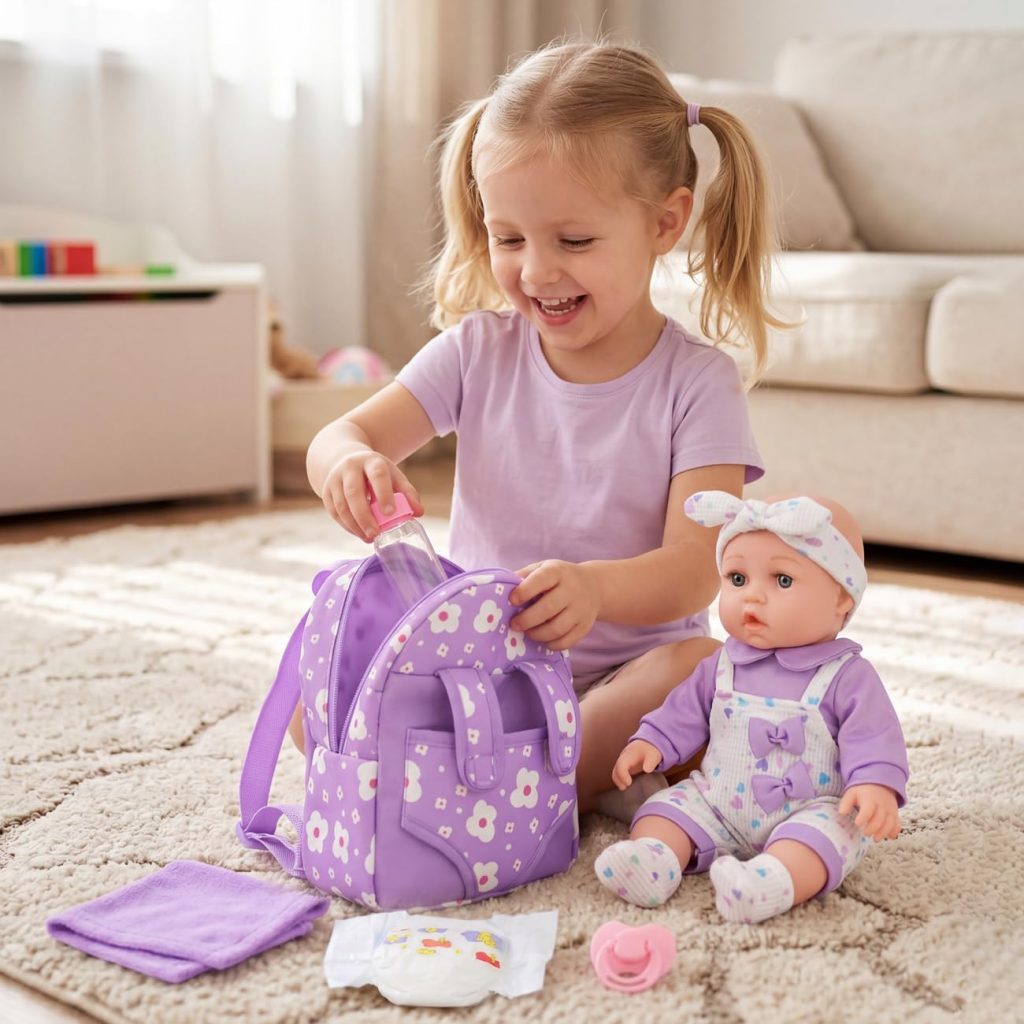12″ Baby Doll with Flower Pattern Backpack Carrier and Accessories Toys