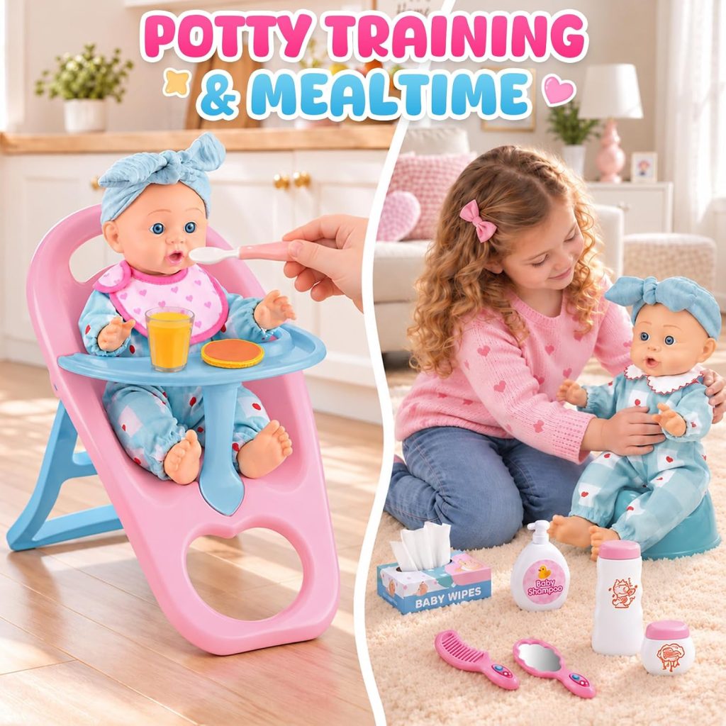 12 Inch Baby Doll Set with Stroller, Crib, High Chair and Accessories Toy