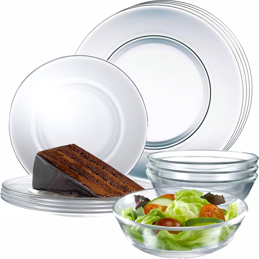 12pc Glass Dinnerware Set – Sleek Round Clear Glass Plate and Bowl Sets – Dishwasher Safe, Bread & Butter Dinner, Dessert, Salad Plates & Serving Cereal Soup Bowls Dishes for Kitchen Dining & Parties