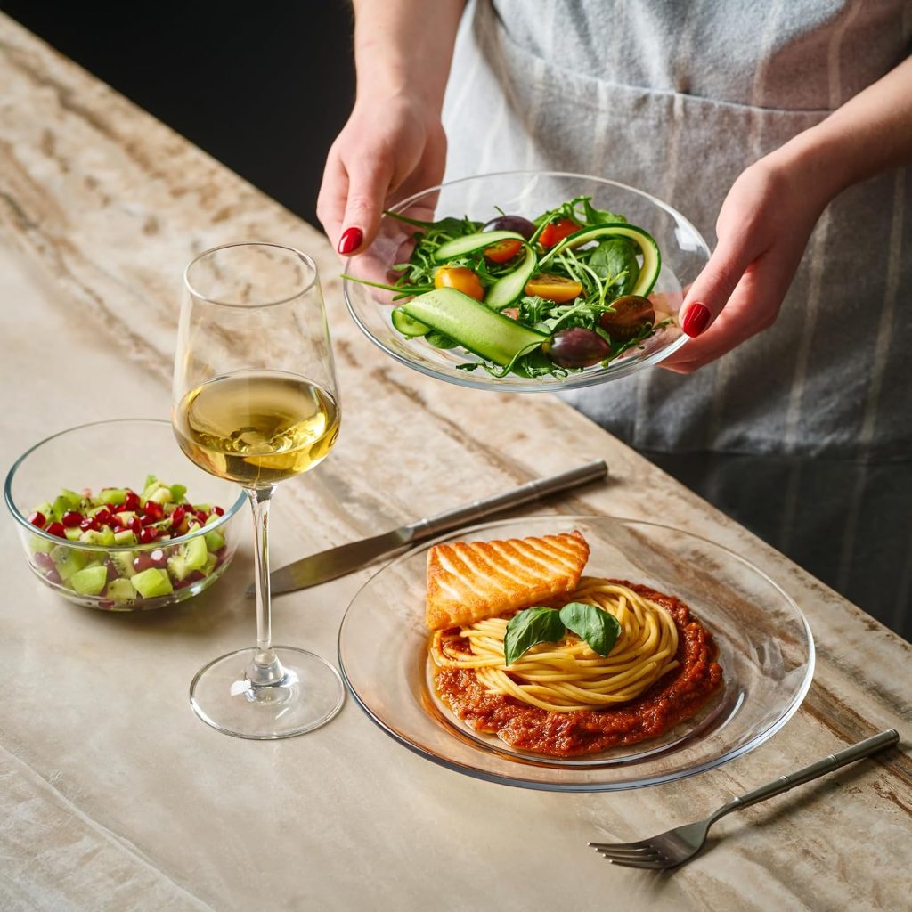 12pc Glass Dinnerware Set – Sleek Round Clear Glass Plate and Bowl Sets – Dishwasher Safe, Bread & Butter Dinner, Dessert, Salad Plates & Serving Cereal Soup Bowls Dishes for Kitchen Dining & Parties