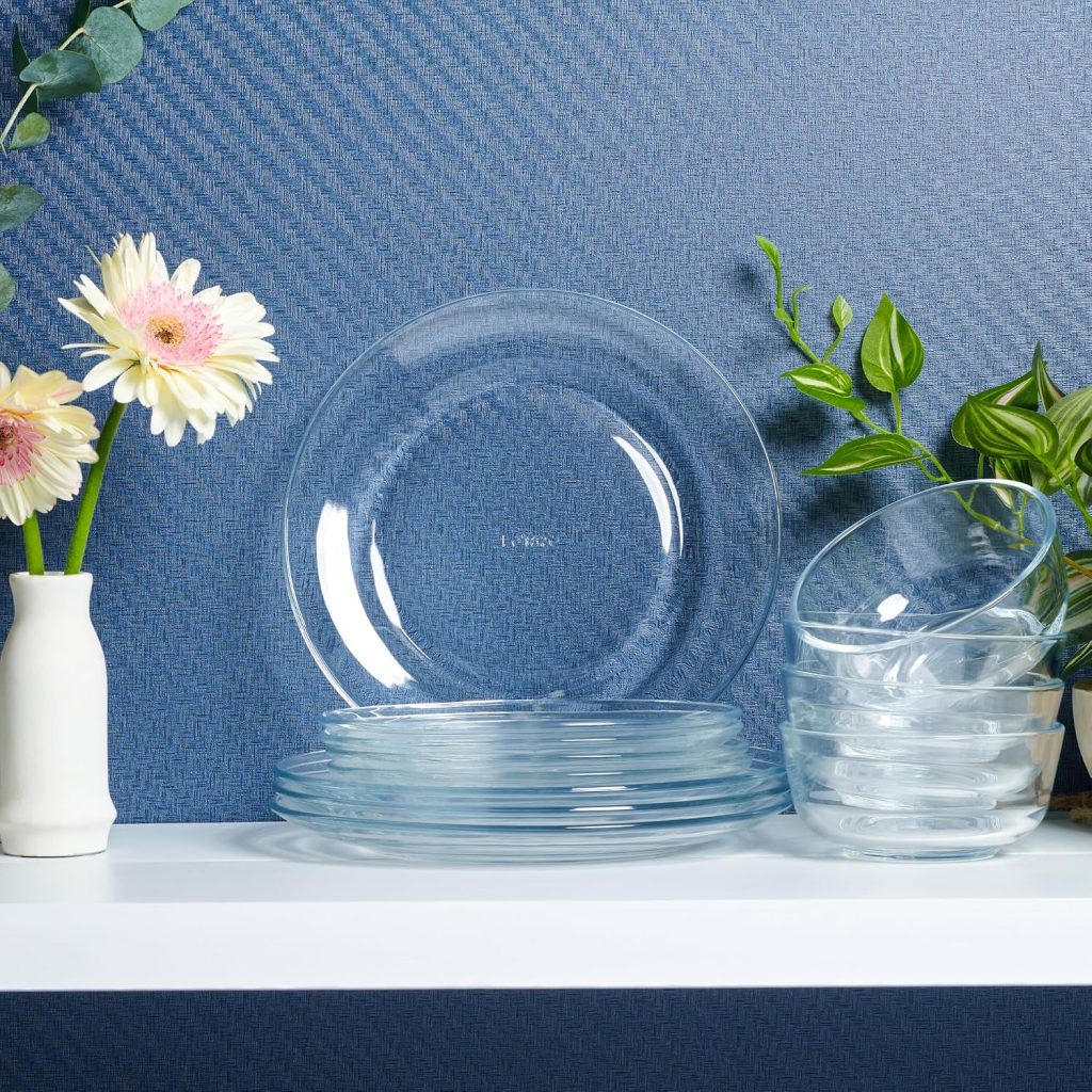 12pc Glass Dinnerware Set – Sleek Round Clear Glass Plate and Bowl Sets – Dishwasher Safe, Bread & Butter Dinner, Dessert, Salad Plates & Serving Cereal Soup Bowls Dishes for Kitchen Dining & Parties