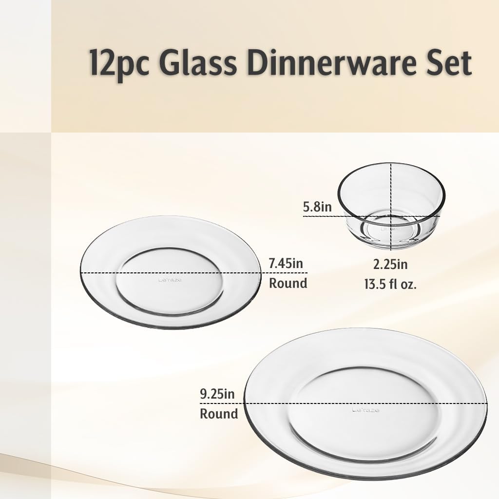 12pc Glass Dinnerware Set – Sleek Round Clear Glass Plate and Bowl Sets – Dishwasher Safe, Bread & Butter Dinner, Dessert, Salad Plates & Serving Cereal Soup Bowls Dishes for Kitchen Dining & Parties