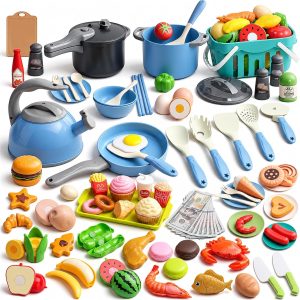 130Pcs Kitchen Playset, Toddler Pretend Cooking Play Pots, Pans, Utensils Cookware, Daily Food Fruit Veges, Shopping Storage Basket, Dessert, Prop Money, Learning Gift for Child (Blue)