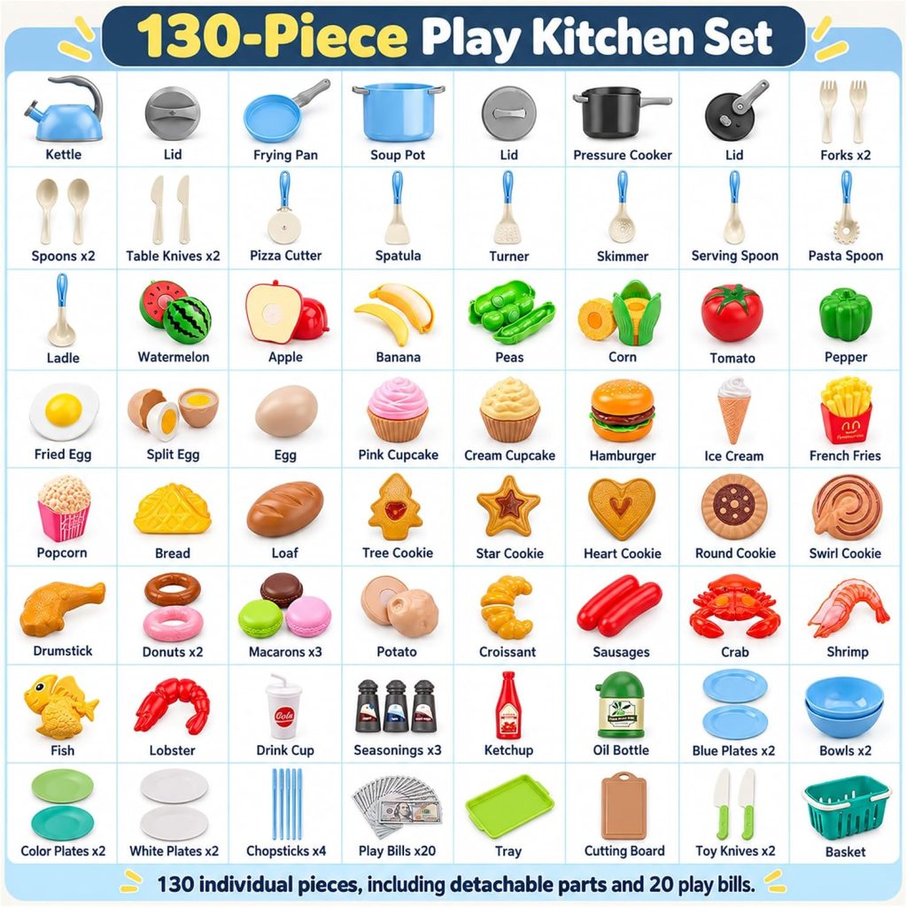 130Pcs Kitchen Playset, Toddler Pretend Cooking Play Pots, Pans, Utensils Cookware, Daily Food Fruit Veges, Shopping Storage Basket, Dessert, Prop Money, Learning Gift for Child (Blue)