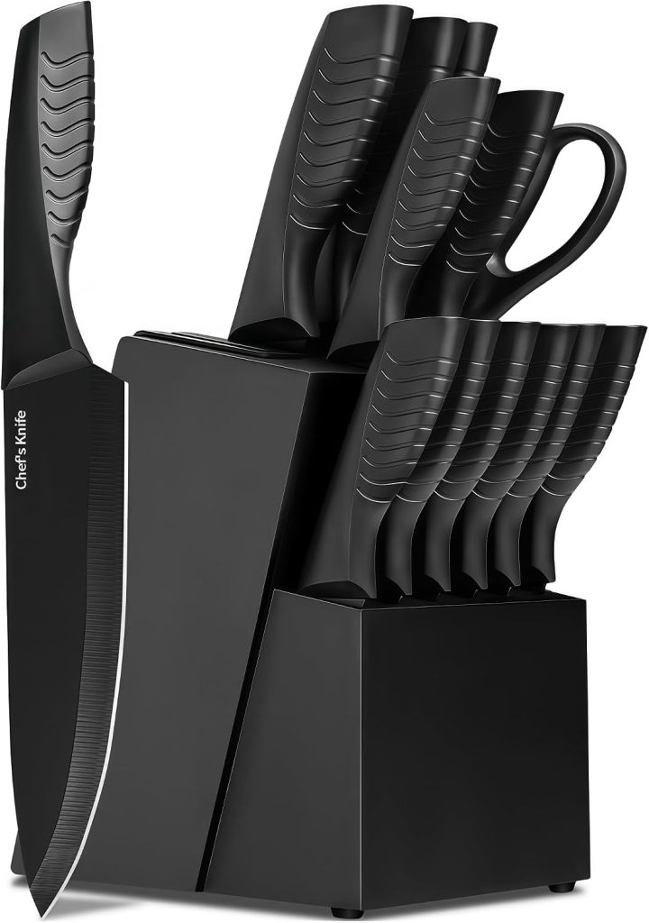 14-Piece Black Kitchen Knife Block Set with Built-In Sharpener