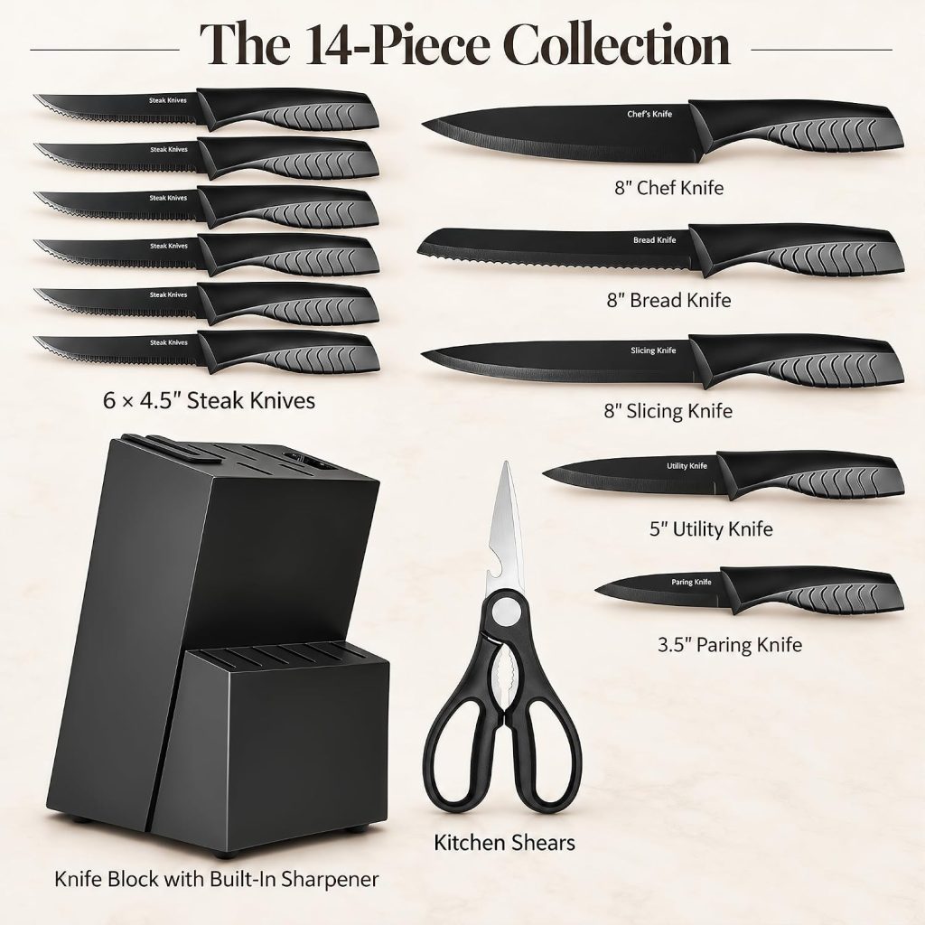 14-Piece Black Kitchen Knife Block Set with Built-In Sharpener