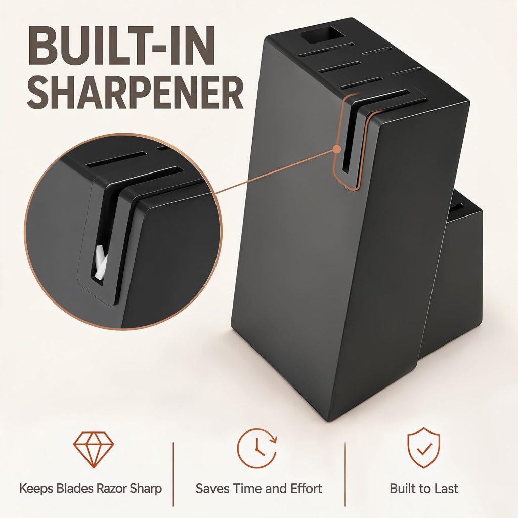 14-Piece Black Kitchen Knife Block Set with Built-In Sharpener