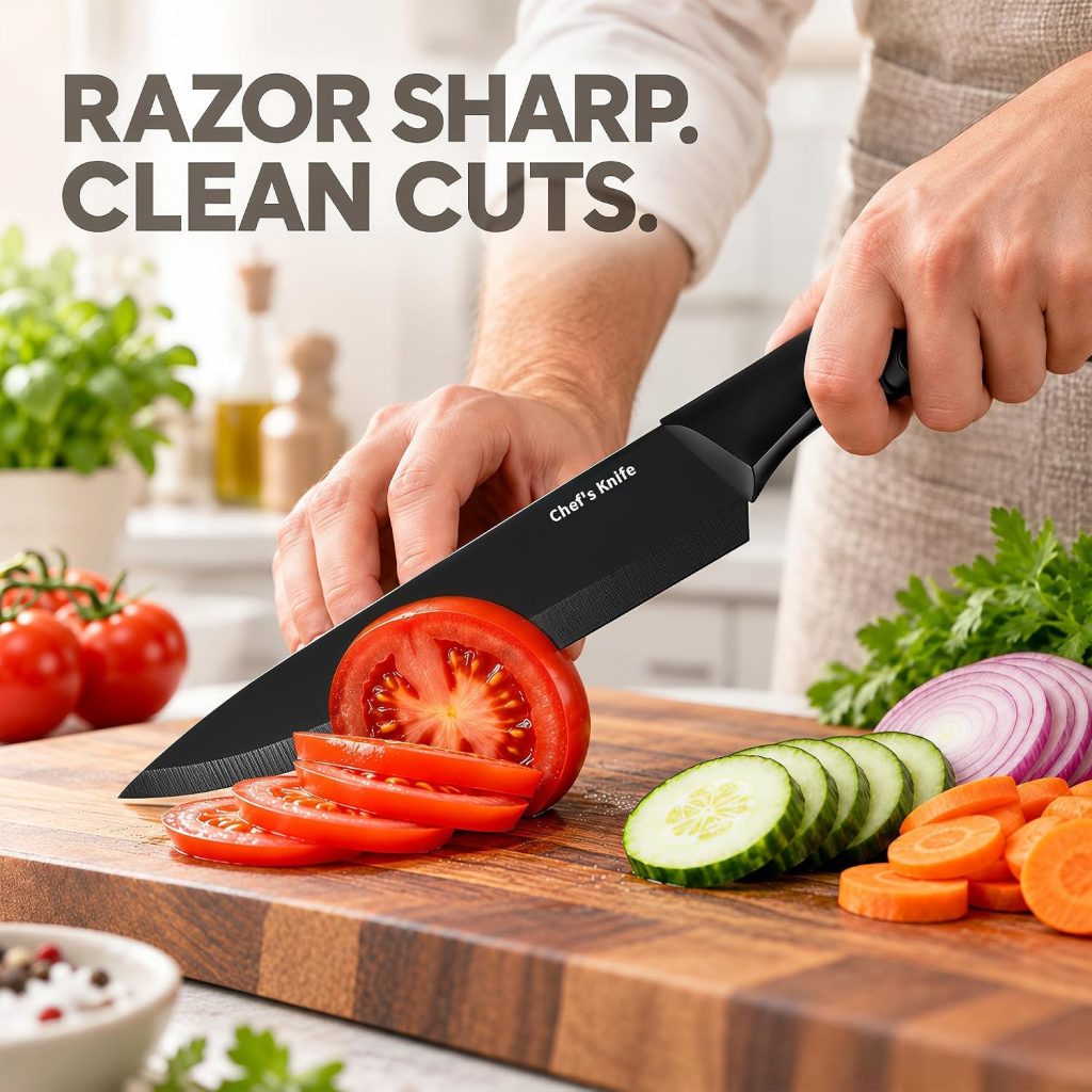 14-Piece Black Kitchen Knife Block Set with Built-In Sharpener