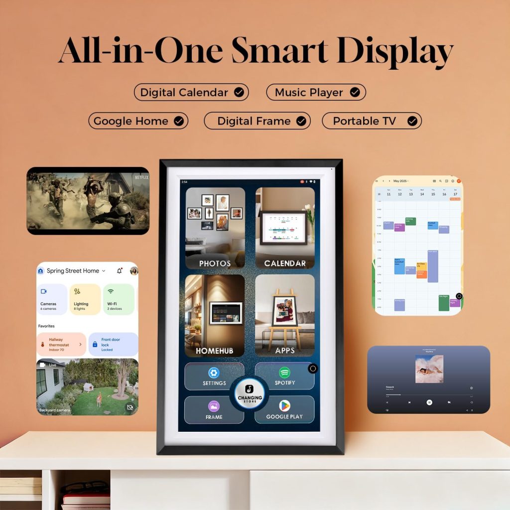 15.6″ Smart Display with Google Calendar,Google Play,No Subscription,Black