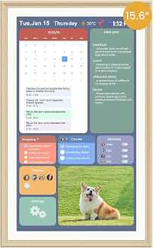 15.6-Inch Smart Digital Calendar & Photo Frame for Family, Wall Planner with Light Wood Frame, Auto-Sync to Apple, Google & Outlook, Touchscreen Display with Chore Chart, To-Do Lists & Meal Planner, No Subscription