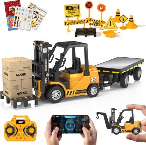 1:64 Mini RC Forklift Toy with Trailer & Traffic Sign Set for Boys
