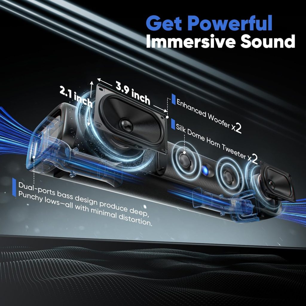 17-Inch Sound Bar, Dual Bass Ports for Deep Bass, 90W Peak Power