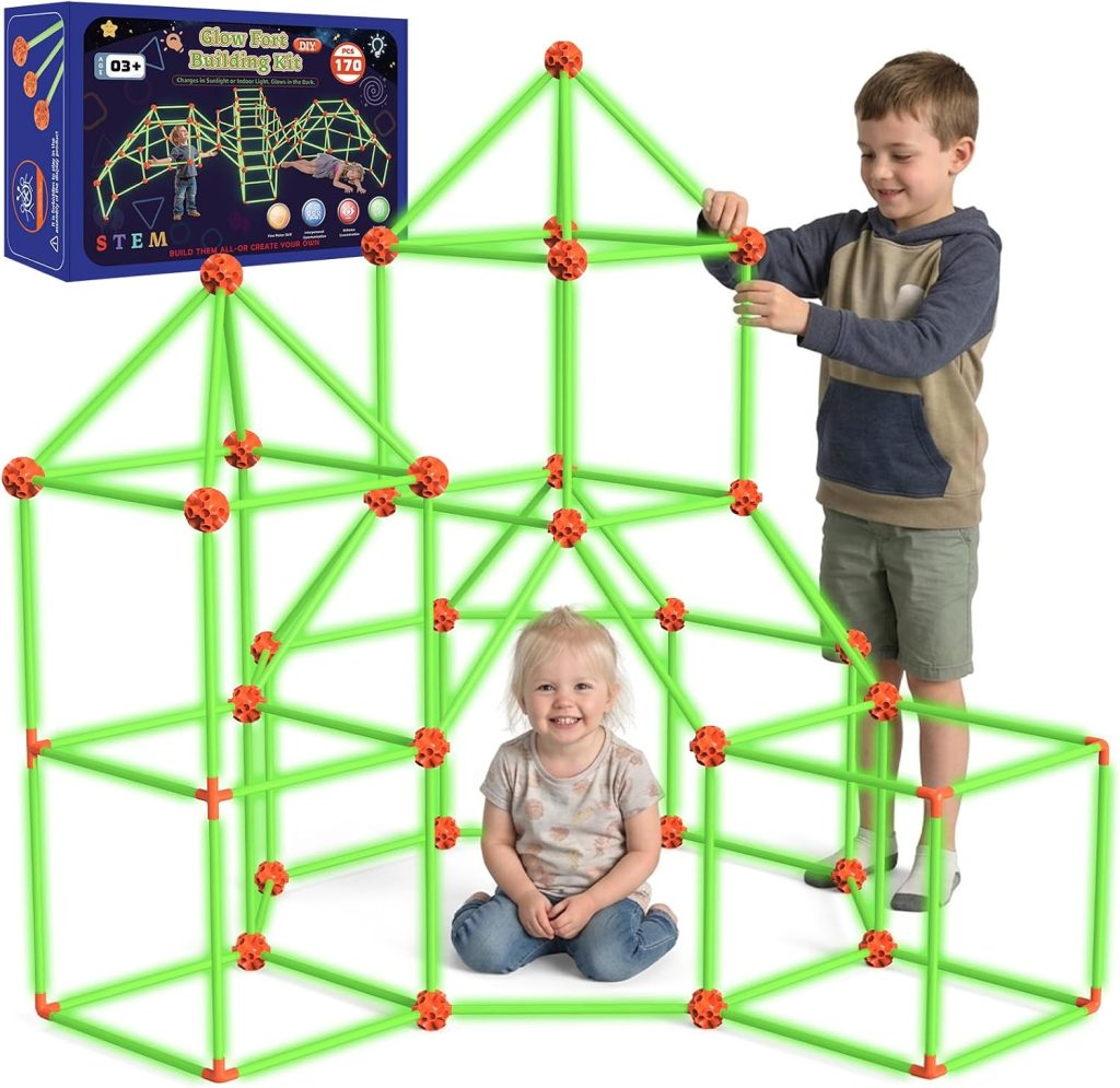 170Pcs Glow Fort Building Kit for Kids 4-12, Construction STEM Building Toy