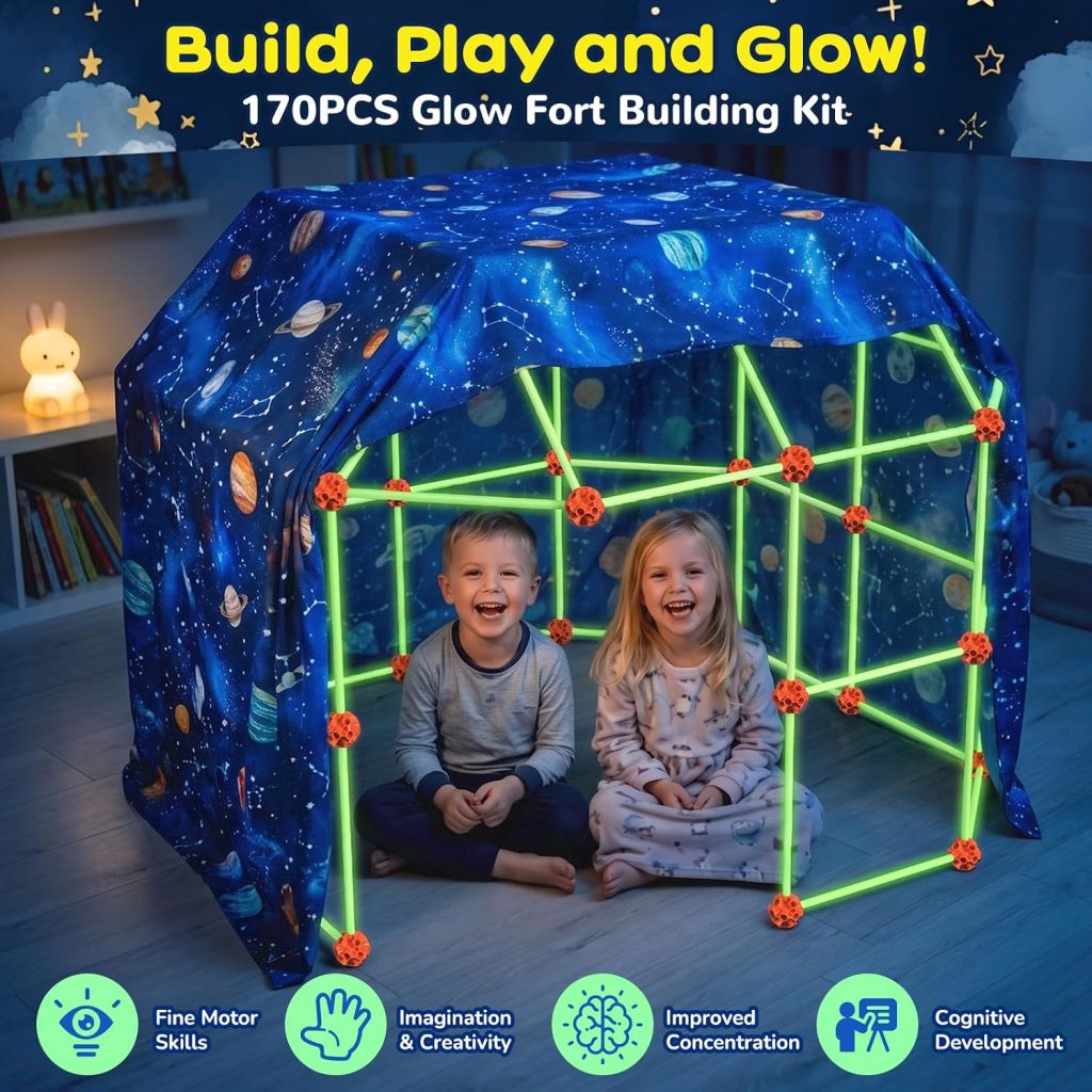170Pcs Glow Fort Building Kit for Kids 4-12, Construction STEM Building Toy