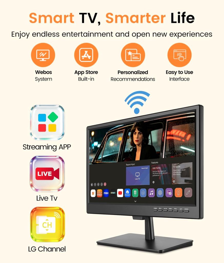 19 Inch Small Smart TV with HD LED Flat Screen, Built-in ATSC Tuner/HDMI/USB/AV, Wi-Fi, Bluetooth, Kitchen Smart TV for RV, Camping, Bedroom, Dorm