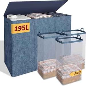 195L Laundry Hamper 3 Section,Large Laundry Hamper with Lid,Dirty Clothes Hamper with 3 Inner Bags,Collapsible Laundry Basket Organizer for Laundry Room,Bedroom,Laundry Sorter Hamper 3 Compartment