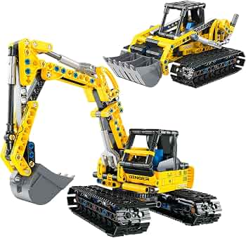 2-in-1 Excavator & Bulldozer Building Set, 399-Piece STEM Construction Vehicle Kit with Rotating Cab and Moving Arm, Creative Engineering Toy for Kids