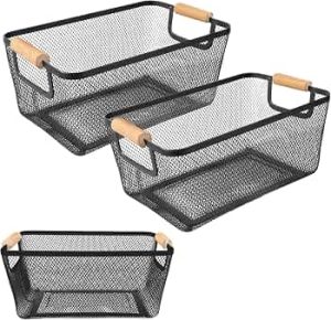 2 Pack 12″ Wide Metal Mesh Baskets with Bamboo Handles for Pantry Organization | Wire Storage Bins for Kitchen, Cabinet, Fruit & Snacks | Decorative Farmhouse Style Organizer