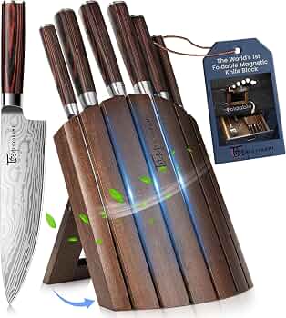 2026 Upgrade Kitchen Knife Set, Foldable Magnetic Acacia Wood Block