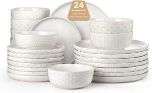 24 Piece Dinnerware Sets for 8 – Farmhouse Style Stoneware Plates and Bowls Sets – Scratch Resistant & Dishwasher Safe, Embossed Boho Ceramic Dish Set, Stack Compactly Dishware – Ivory White