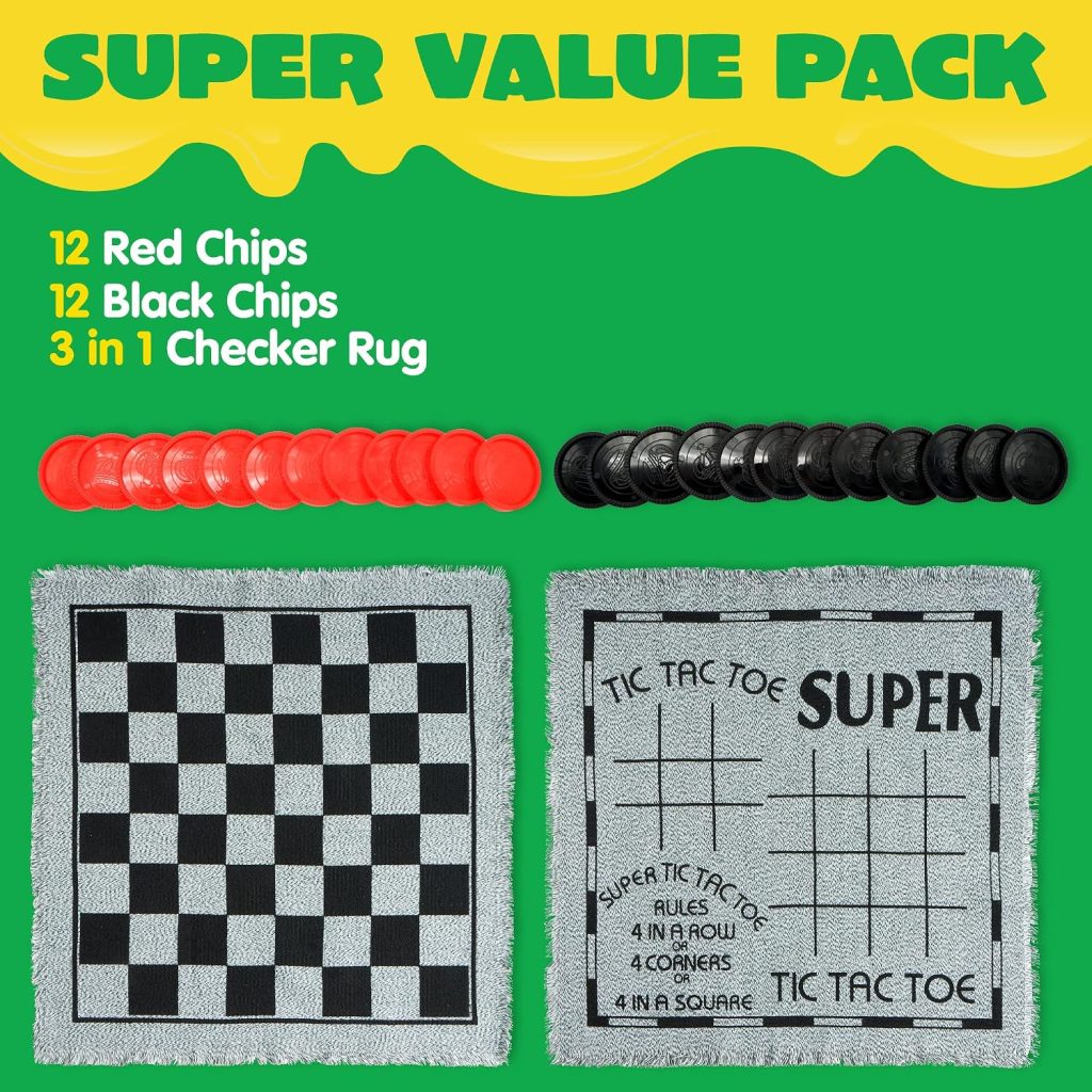 3-in-1 Vintage Giant Checkers, Tic, Tac, Toe, with Reversible Mat, 24 Chips, Family Board Game, Lawn Game, BBQ Party Favor, Indoor and Outdoor Activity for Kids and Adults