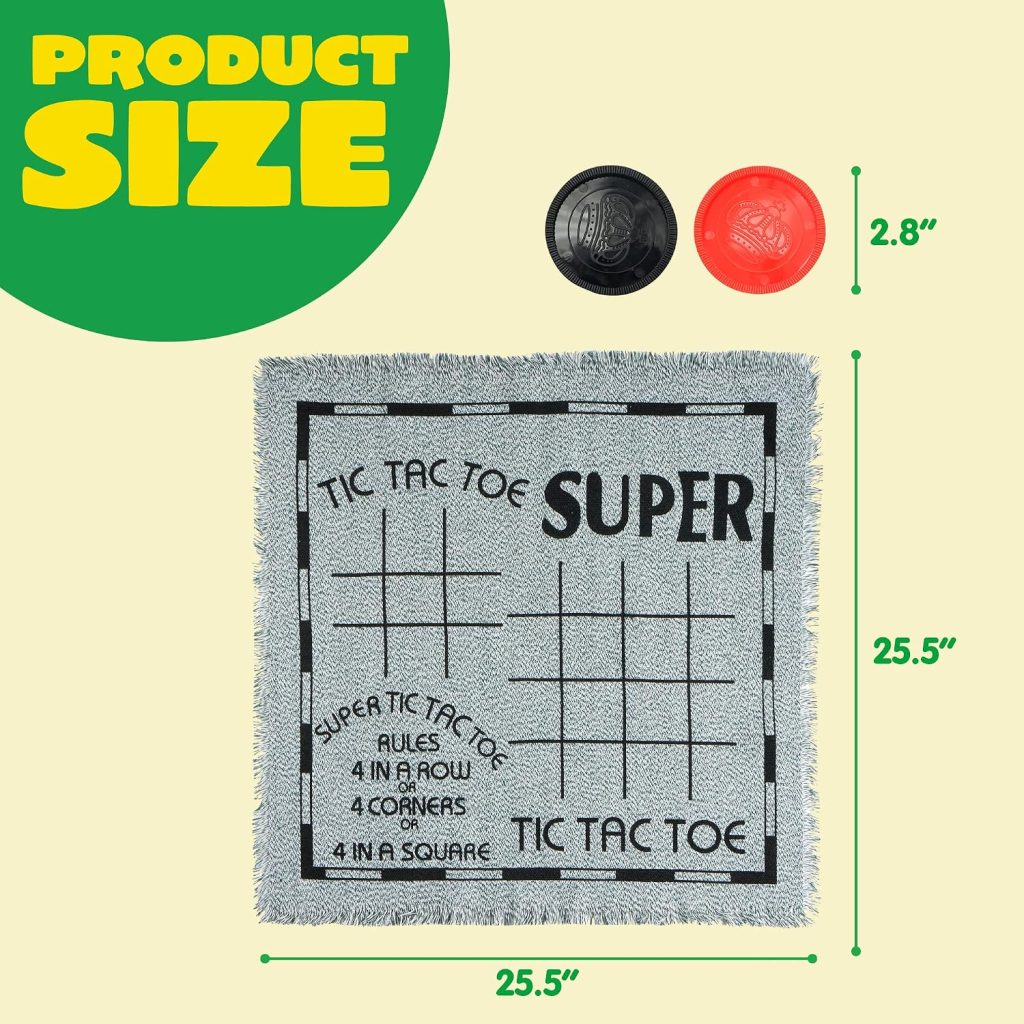 3-in-1 Vintage Giant Checkers, Tic, Tac, Toe, with Reversible Mat, 24 Chips, Family Board Game, Lawn Game, BBQ Party Favor, Indoor and Outdoor Activity for Kids and Adults