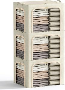 3 Openings Clothes Storage Bins with Metal Frame, Foldable Storage Bin for Clothes, Clothing Storage Bins with Lid, Linen Storage Box With Clear Window＆ Zippers＆ Durable Handles.(3 Pcs ,Beige,40L)