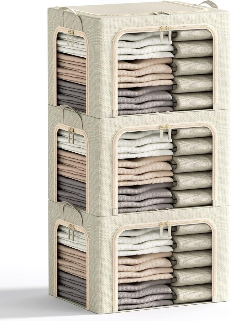 3 Openings Clothes Storage Bins with Metal Frame, Foldable Storage Bin for Clothes, Clothing Storage Bins with Lid, Linen Storage Box With Clear Window＆ Zippers＆ Durable Handles.(3 Pcs ,Beige,40L)