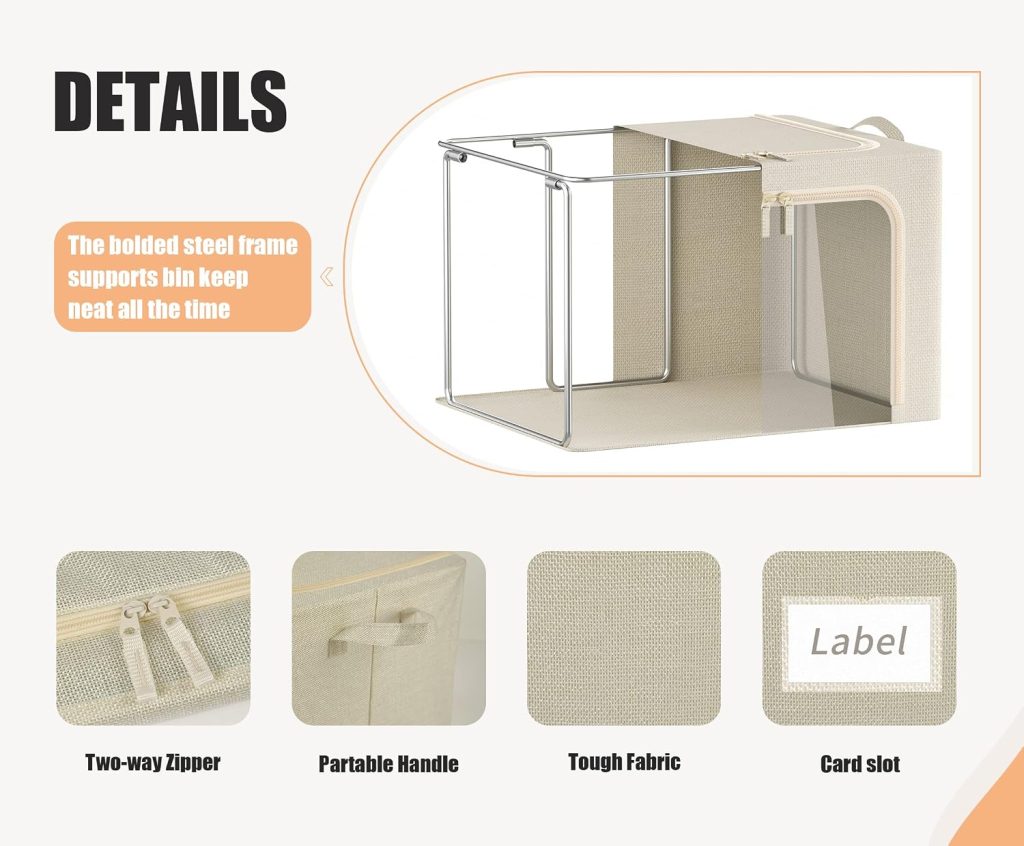 3 Openings Clothes Storage Bins with Metal Frame, Foldable Storage Bin for Clothes, Clothing Storage Bins with Lid, Linen Storage Box With Clear Window＆ Zippers＆ Durable Handles.(3 Pcs ,Beige,40L)