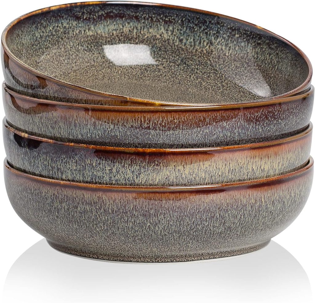 30oz Ceramic bowls set of 4-8″ serving bowls for Kitchen,Pasta,Salad-Dishwasher & Microwave Safe Perfect for Housewarming, Thanksgiving, Christmas-Caramel Brown