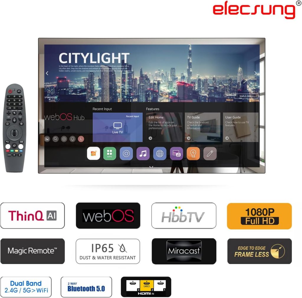 32 Inch Smart Mirror TV, 4K UHD Waterproof LED TV for Bathrooms and Hotels