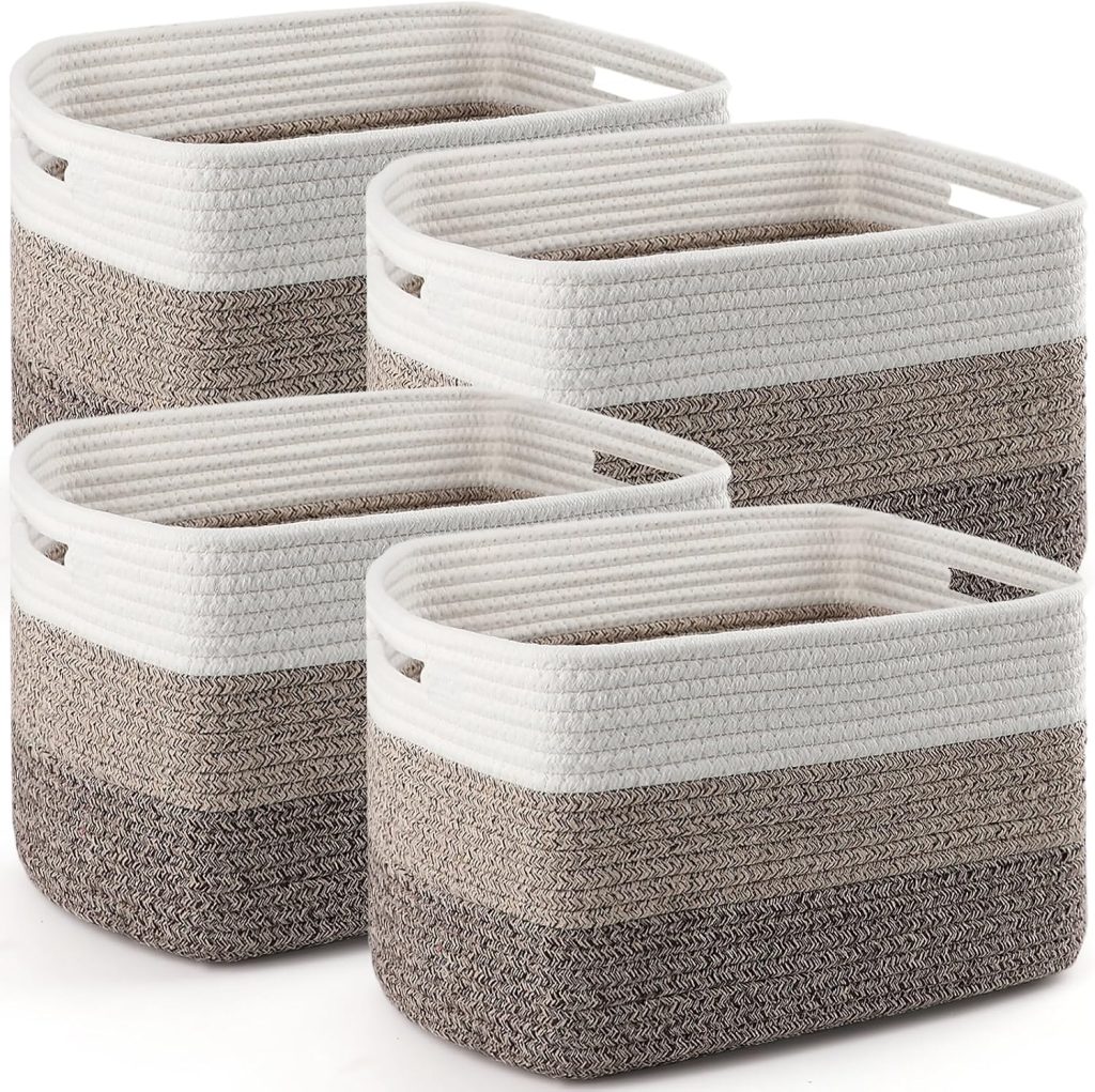 4 Pack Storage Baskets for Organizing, 12”Lx10”Wx8”H Woven Baskets for Storage Toys, Towels, Books, and Clothes, Cotton Rope Basket for Shelves with Handle