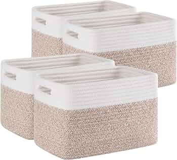 4 Pack Storage Baskets for Organizing, Woven Baskets for Shelves – Perfect for Toys, Books, Towels, and Clothes, Durable Gift Basket Bins Toy Storage, 13”Lx9”Wx7.8”H, Brown & White