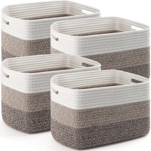 4 Pack Storage Baskets for Organizing, 12”Lx10”Wx8”H Woven Baskets for Storage Toys, Towels, Books, and Clothes, Cotton Rope Basket for Shelves with Handle