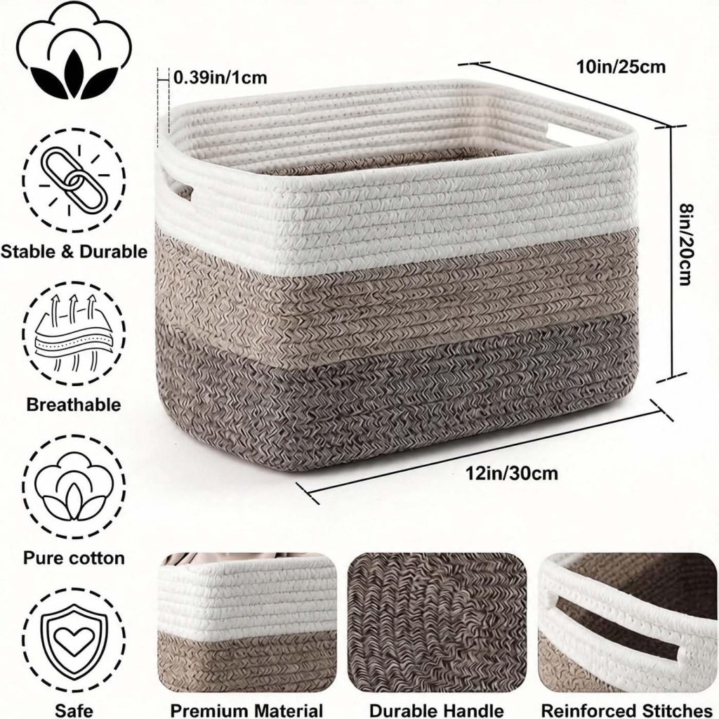 4 Pack Storage Baskets for Organizing, 12”Lx10”Wx8”H Woven Baskets for Storage Toys, Towels, Books, and Clothes, Cotton Rope Basket for Shelves with Handle