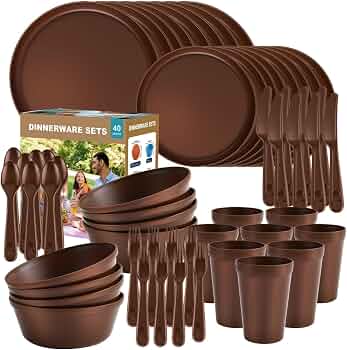 40 Piece Plastic Dinnerware Set for 8 with Cutlery, Unbreakable Plates and Bowls Set, Dishwasher & Microwave Safe Reusable Dish Set for Camping, RV, Outdoor Kitchen, Apartment Dining, Brown