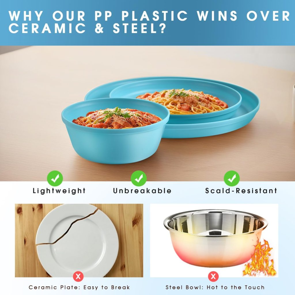 40 Piece Plastic Dinnerware Set for 8 with Cutlery, Unbreakable Plates and Bowls Set, Dishwasher & Microwave Safe Reusable Dish Set for Camping, RV, Outdoor Kitchen, Apartment Dining, Teal