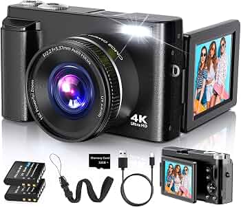4K Digital Camera for Photography Autofocus, 2026 Latest 48MP Vlogging Camera for YouTube with SD Card, 2 Batteries, 3″ 180°Flip Screen Compact Travel Camera for Teens with 16X Zoom,Black