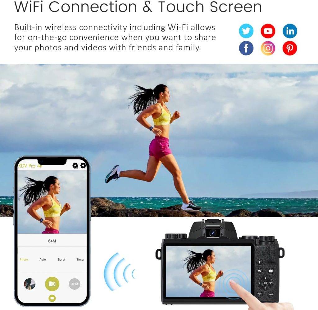 4K Digital Camera, 64MP WiFi Cameras for Photography with 4″ Touchscreen