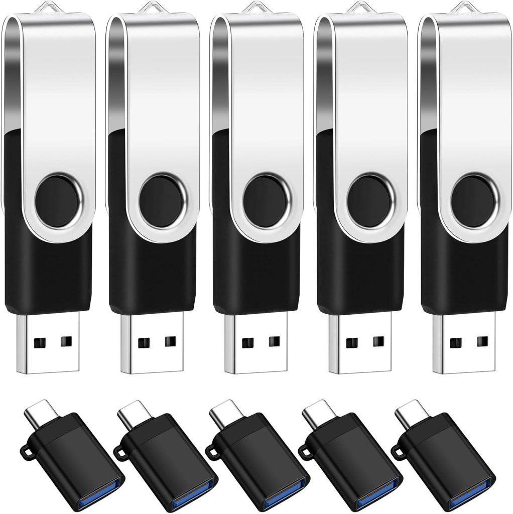 5-Pack of 4GB USB 2.0 Flash Drive Bulk with 5 USB-C Adapters & Keychains