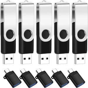 5-Pack of 4GB USB 2.0 Flash Drive Bulk with 5 USB-C Adapters & Keychains