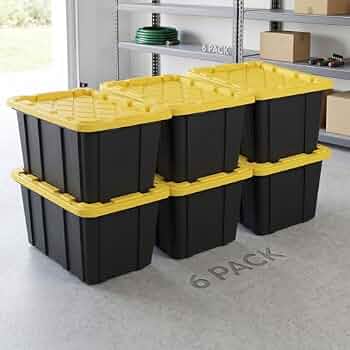 6 Pack 27 Gallon Heavy Duty Storage Bins with Snap Lids, Durable Plastic Storage Totes with Stackable Black Containers & Yellow Latching Covers for Home Garage Moving Organization