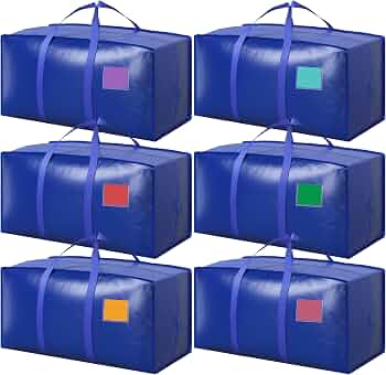 6 Pack Moving Bags with Full-Open Side Zipper, Extra Large 93L Heavy Duty Waterproof Foldable Storage Totes for College Dorm, Moving & Home Organization,Blue